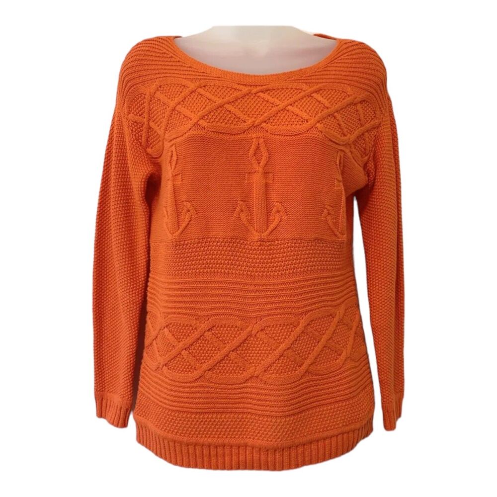 Talbots Petites P Orange Cable Knit Anchor Sweater 100% Cotton Nautical
